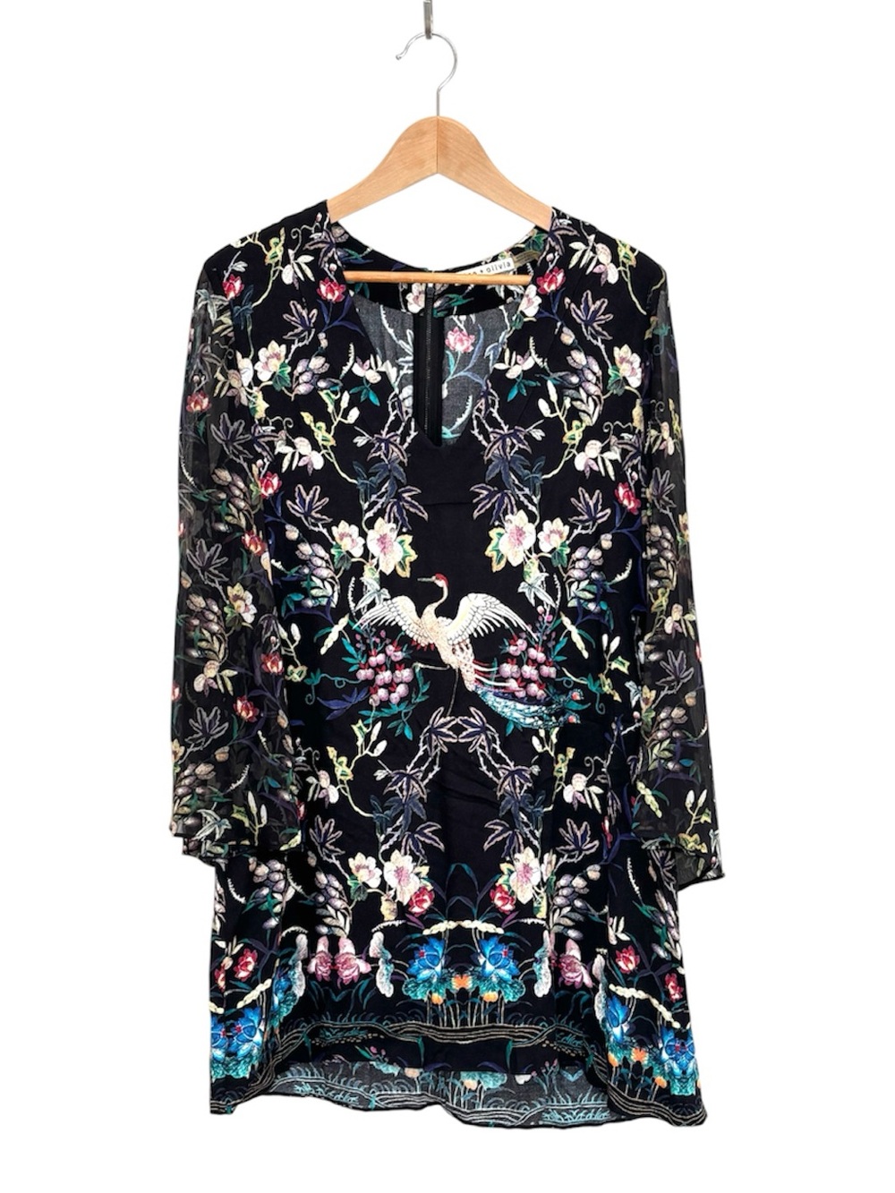 Alice + Olivia Zia Mythical Garden Kaftan Mini Dress Size Medium Floral Black - Picture 2 of 11